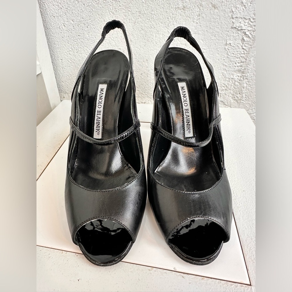 Manolo Blahnik Black Leather Printed Slingback Peep Toe Pumps – Size 36.5 Gift - Picture 7 of 13